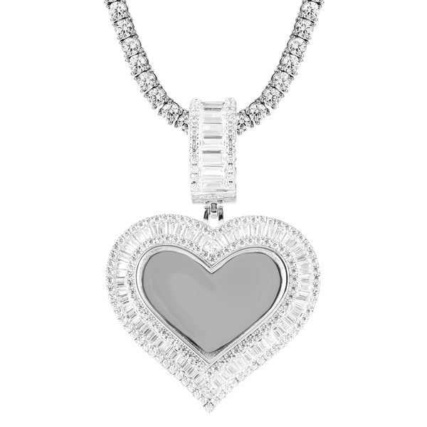 Silver Heart Baguette Picture Memory Pendant Tennis Chain