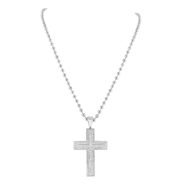 White Rhodium Finish Cross Pendant Jesus Charm Free Bead Necklace Simulated CZ