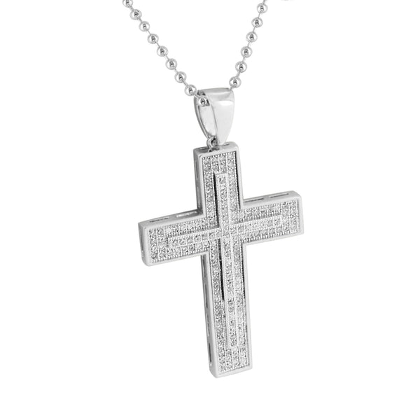 White Rhodium Finish Cross Pendant Jesus Charm Free Bead Necklace Simulated CZ