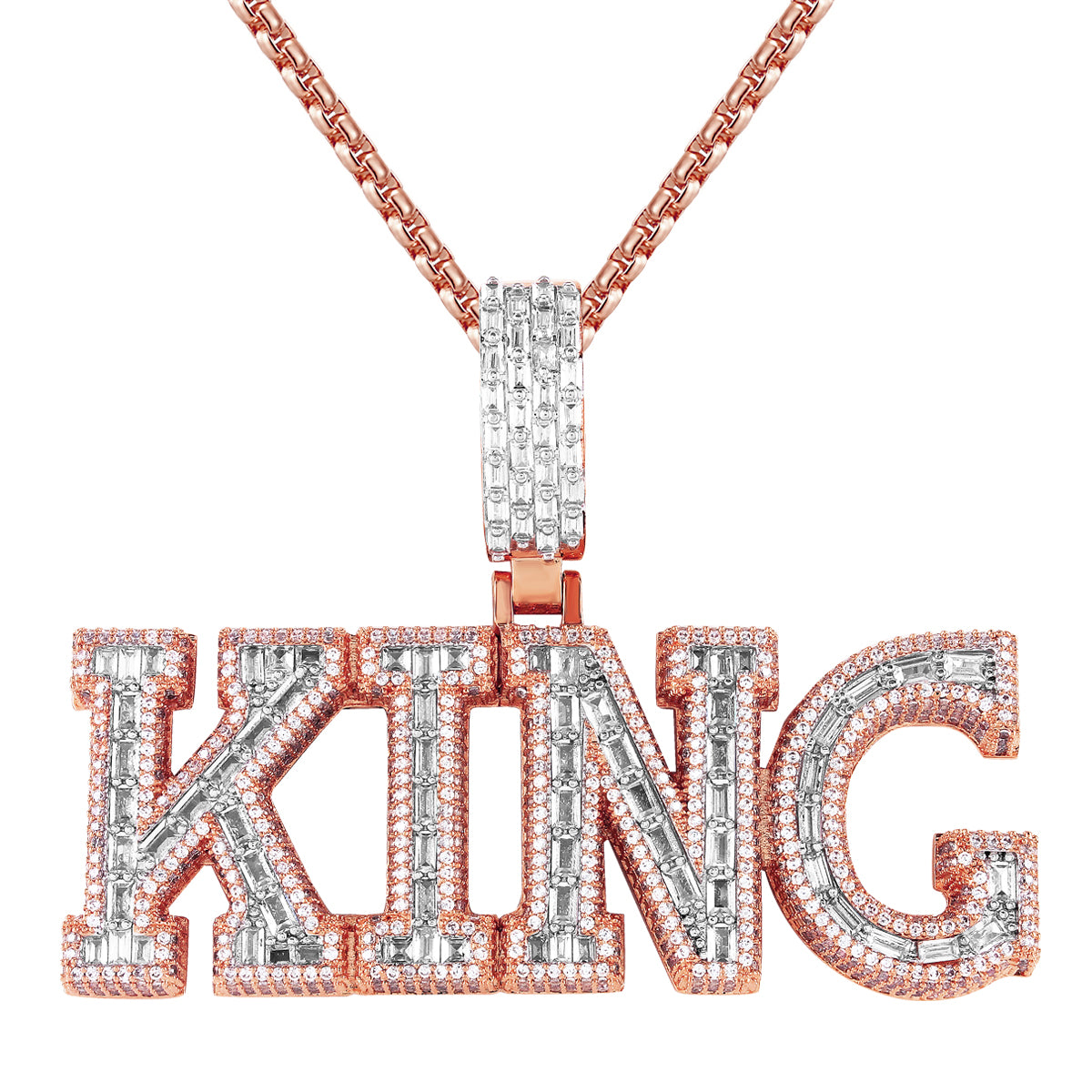 14K Rose Gold Tone King Crown Baguette Icy Custom Pendant Full Icy