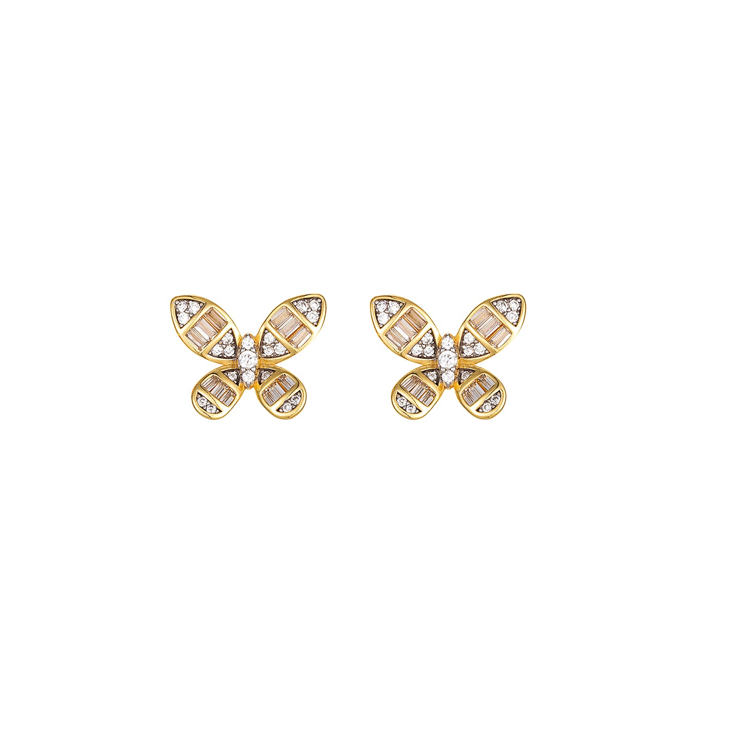 Sterling Silver Baguette Butterfly Screw Back Gold Tone Earrings