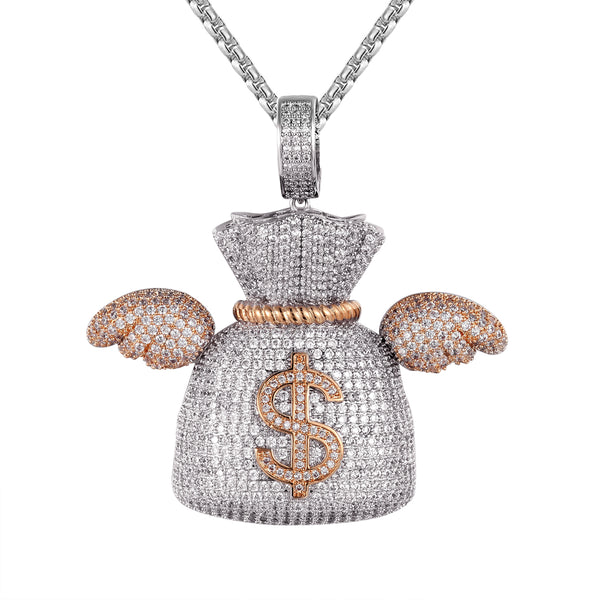 Sterling Silver Mens Flying Wings Money Dollar Bag Icy Pendant