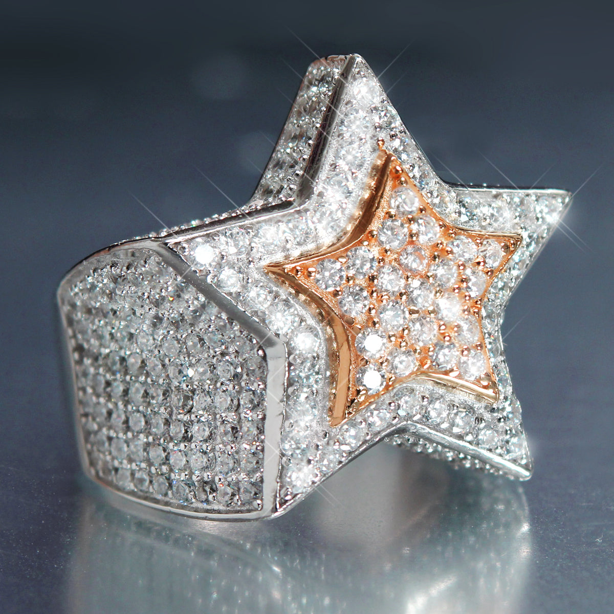 14k White Gold Finish 3D Rose Gold Star Ring