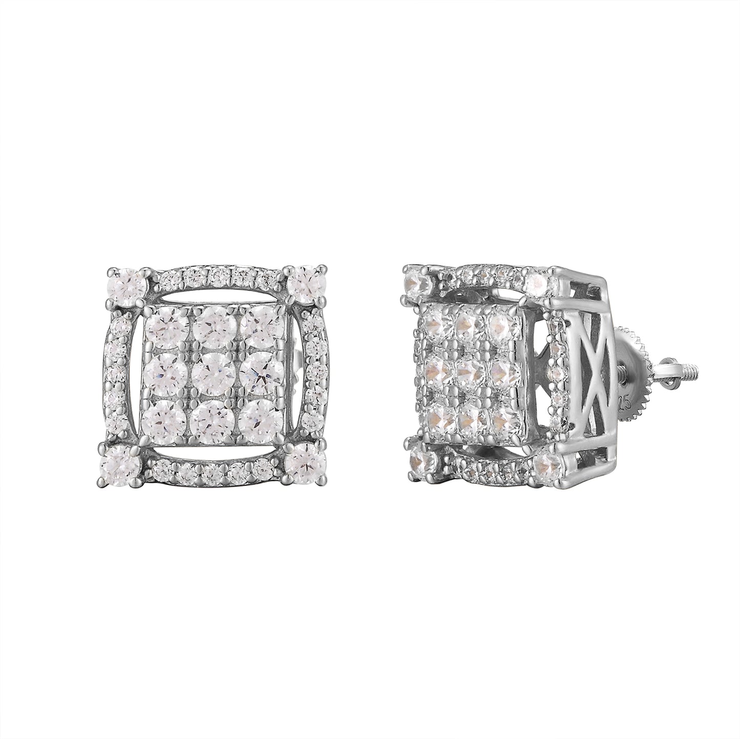 Square Cut Out Solitaire Prongs White Gold Finish Silver Earrings