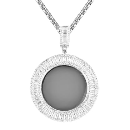 Sterling Silver Baguette Circle Picture Memory Pendant Chain