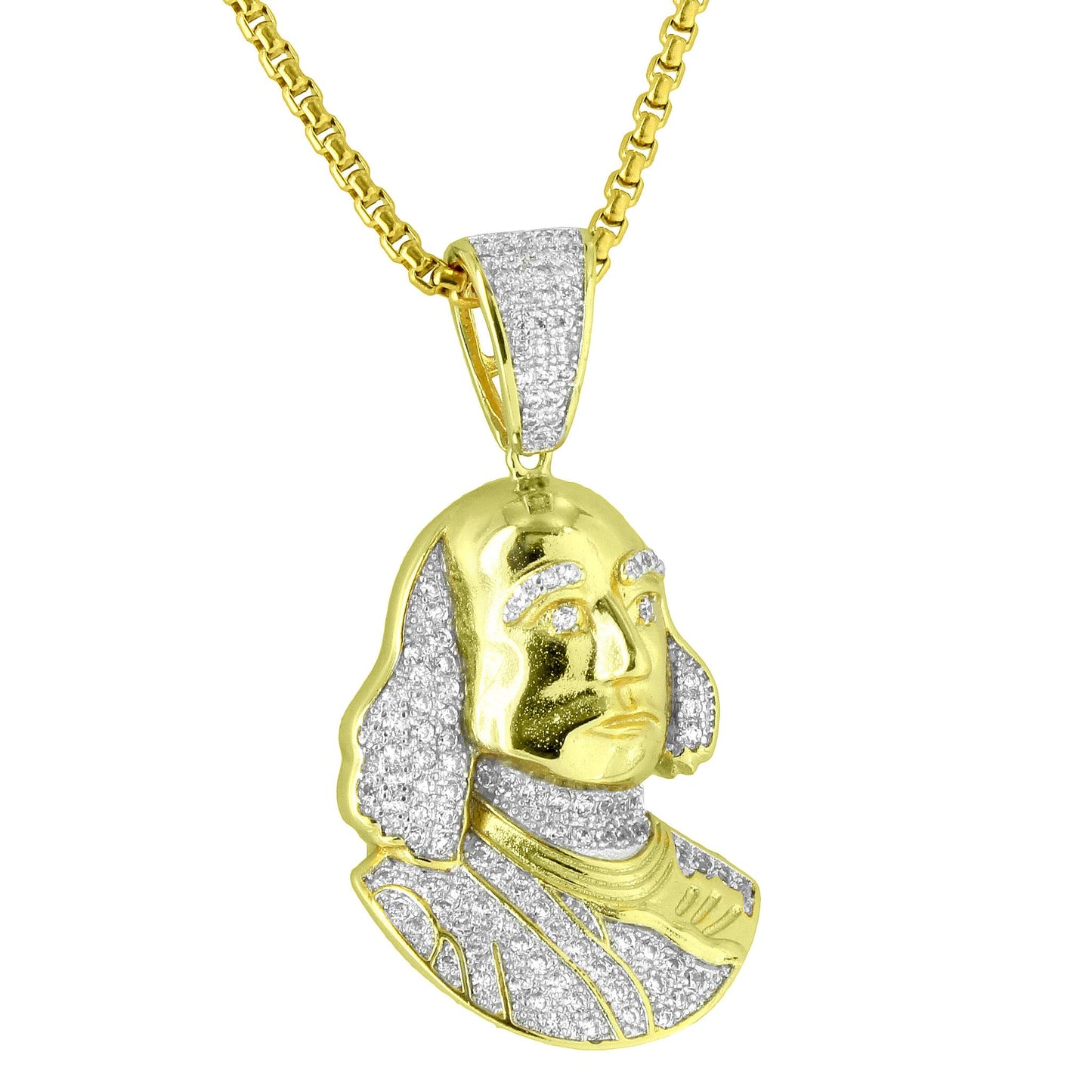 Benjamin Franklin Pendant Icy Lab Diamonds 14k Gold Finish Stainless Steel Chain