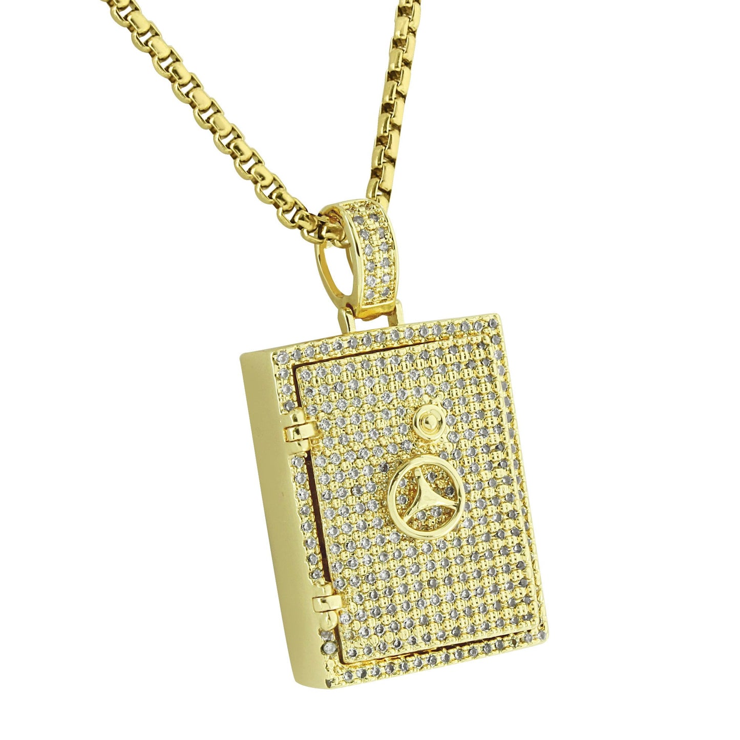 Safety Vault Lock Pendant Fully Bling 14K Yellow Gold Finish Stainless Steel 24" Box Necklace