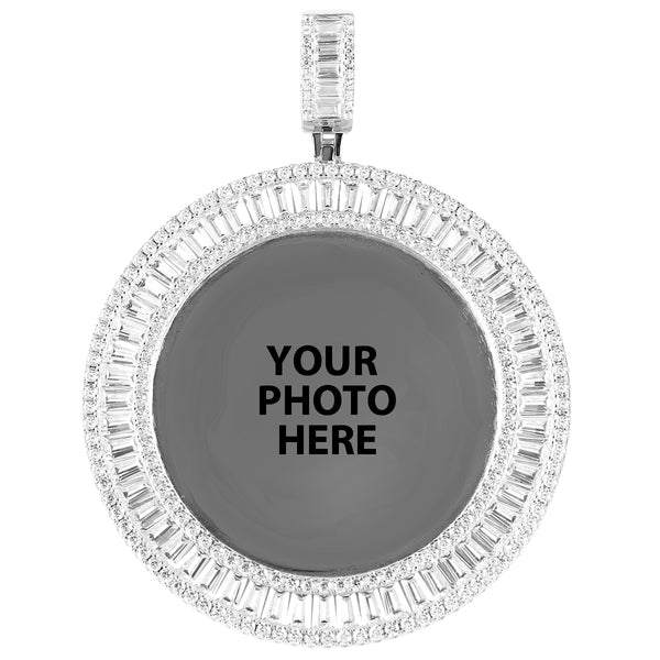 Silver Baguette Icy Micro Pave Circle Picture Memory Big Pendant
