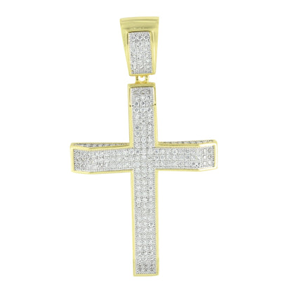 Simulated Diamonds Cross Pendant Gold Finish Pave Set Jesus Charm Bling 2.4"