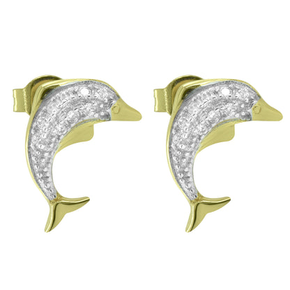Women's Sterling Silver Bling Fish Style 14k Gold Finish Fashion Stud Earrings