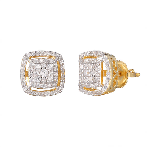 Gold Finish 3D Square Shape Micro Pave 925 Silver Earrings