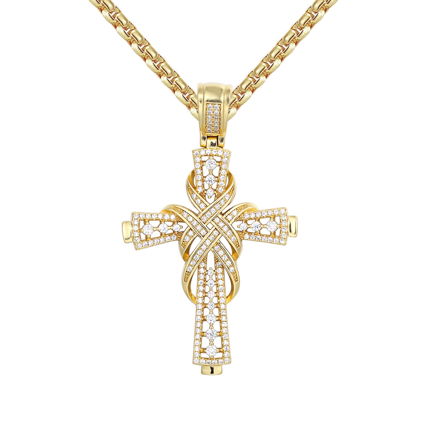 Solitaire Designer Ribbon Jesus Cross 14k Gold Finish Pendant