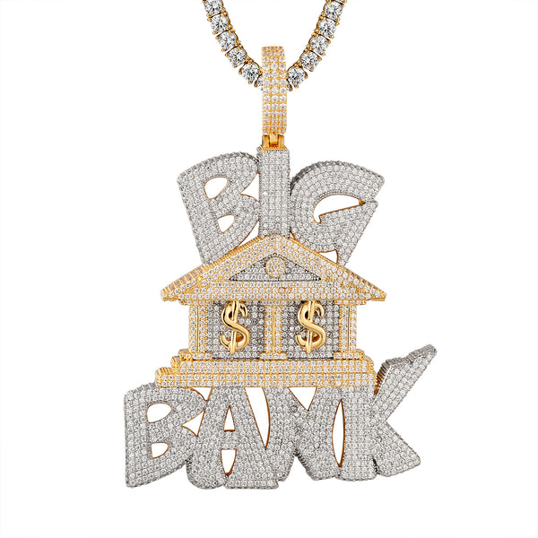 Gold Tone Big Bank Icy Dollar Money Sterling Silver Pendant