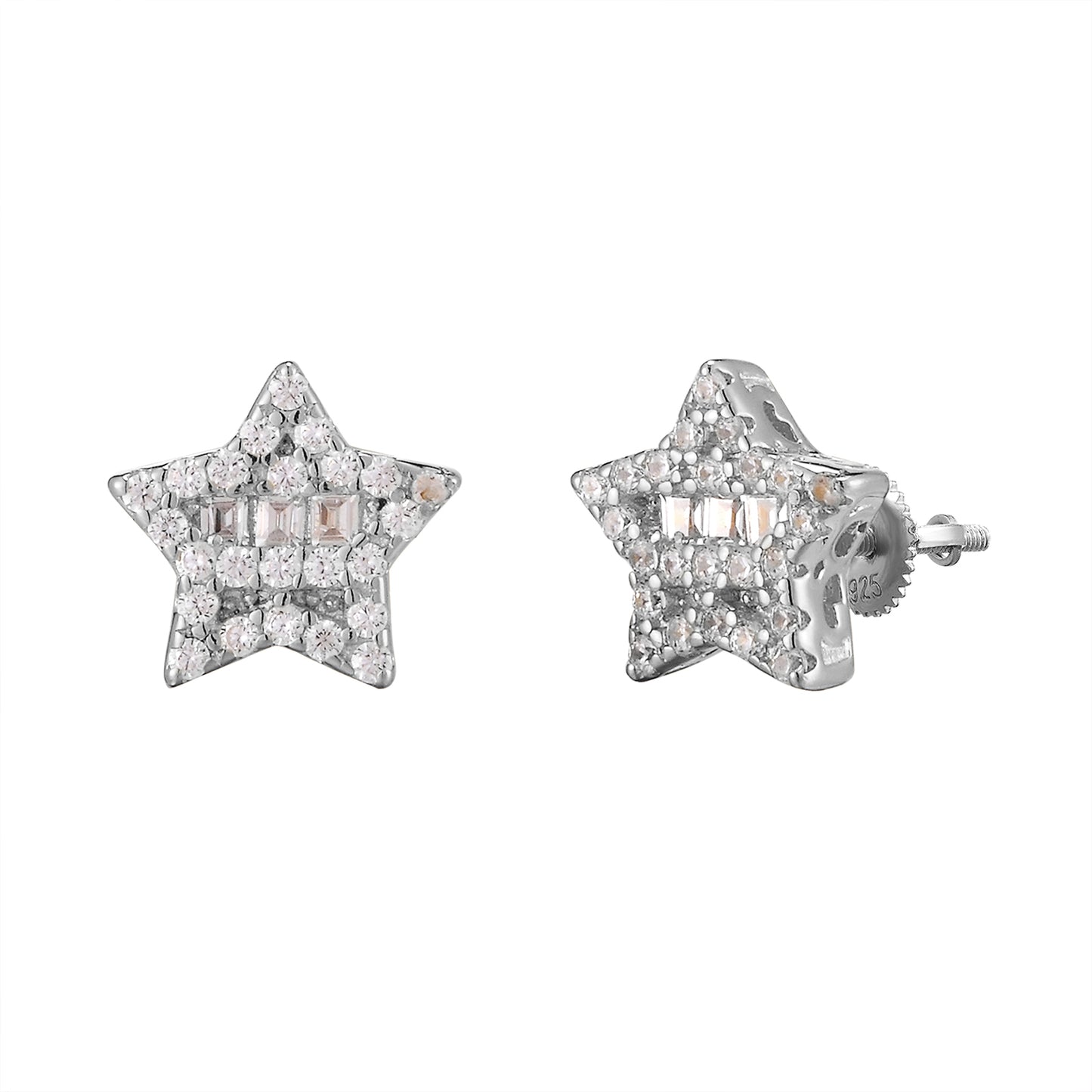 One Row Baguette Solitaire 3D Silver Small Star Earrings