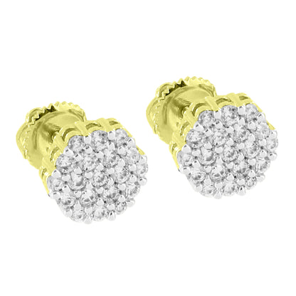 Cluster Set Round Earrings Flower Design Gold Tone Lab Diamonds Screw Back 8mm
