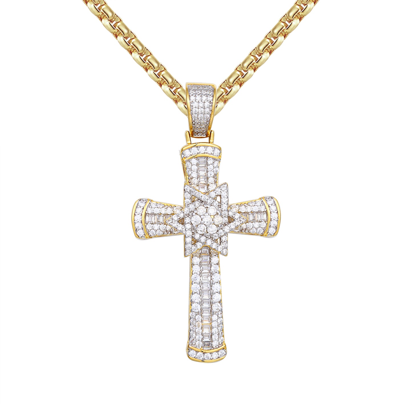 14k Gold Finish Star Jesus Baguette Cross Silver Pendant Chain