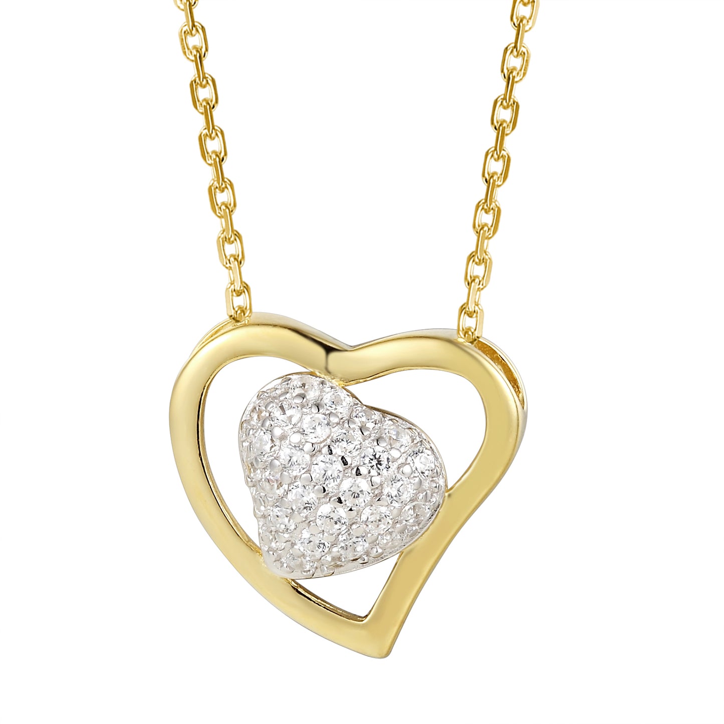 14k Gold Finish Open Double Heart Pendant Chain Gift Set