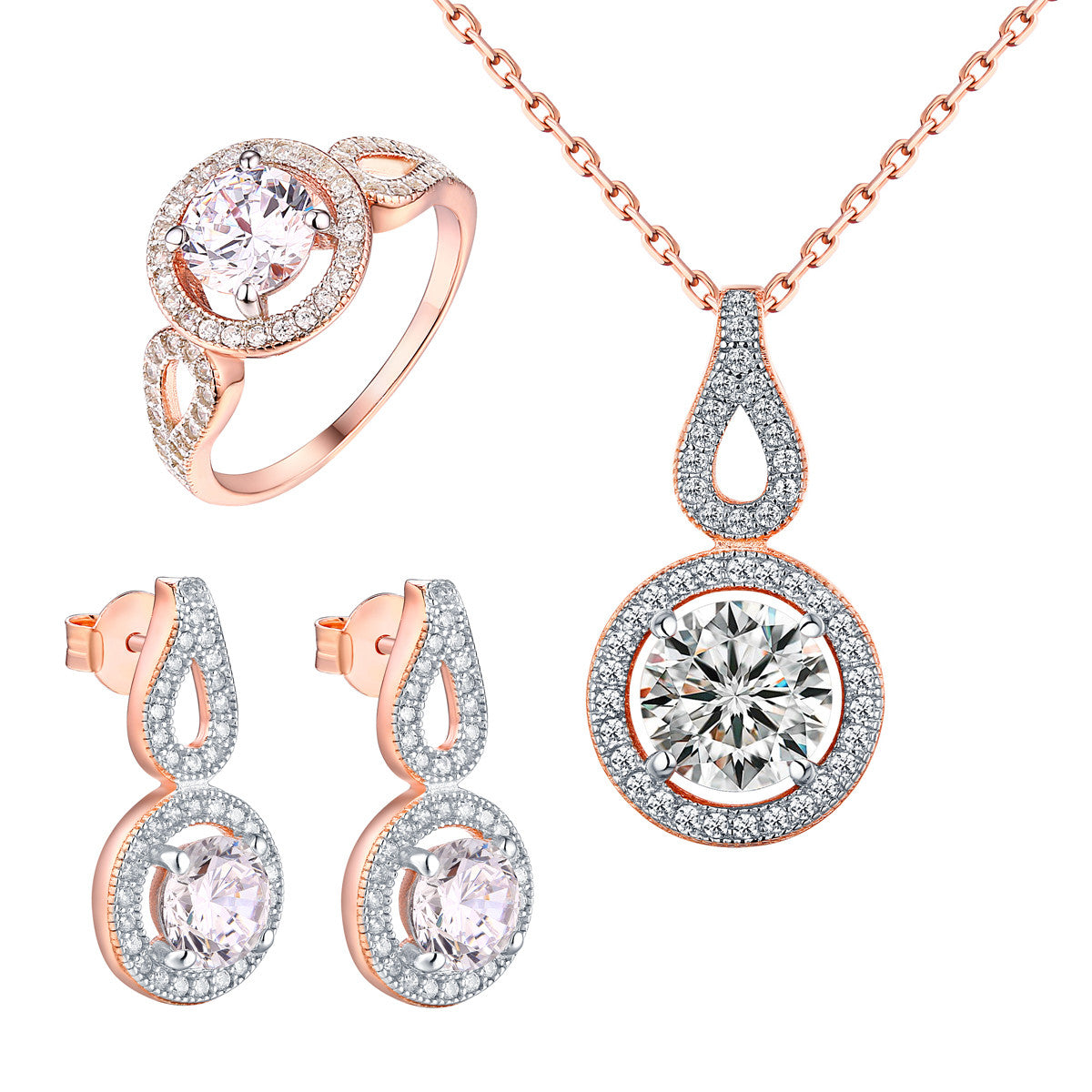 Rose Gold Tone Earrings Solitaire Ladies Ring Pendant Necklace