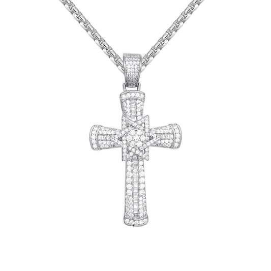Custom Sterling Silver Star Baguette Cross Pendant Free Chain