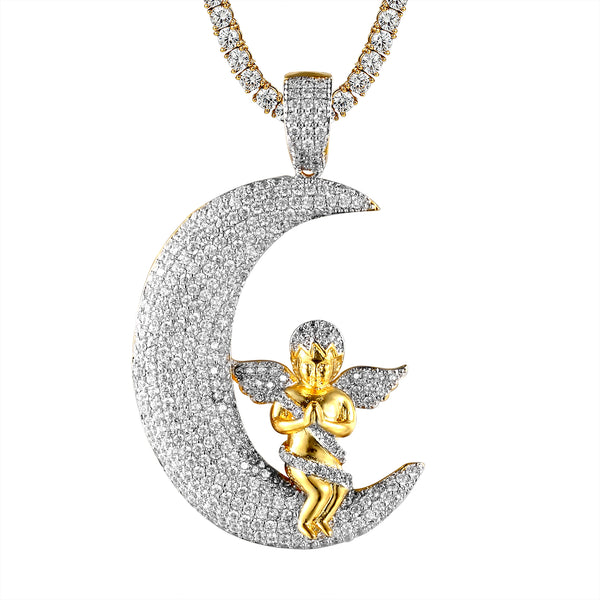 Praying Baby Angel Crescent Moon Gold Tone Pendant