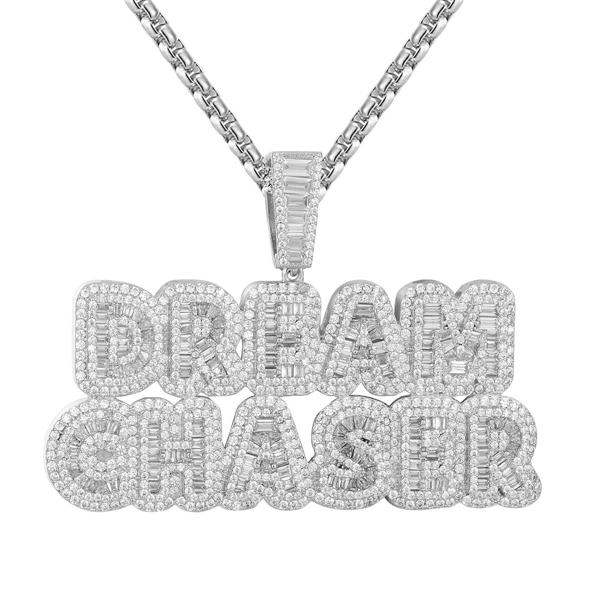White Dream Chaser Micro Pave Baguette Bling Hip Hop Pendant