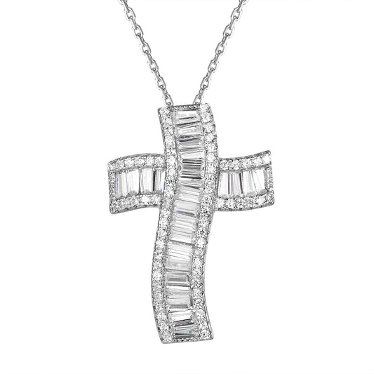 Sterling Silver Baguette Cross Wave Design Charm Necklace