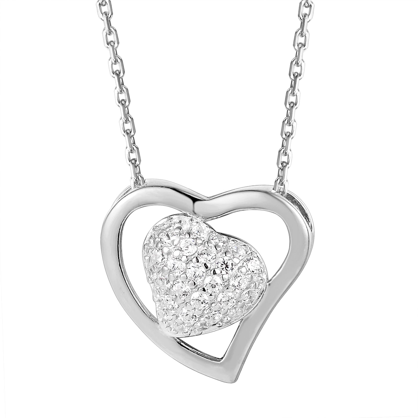 Sterling Silver Open Double Heart Love Women's Pendant Chain