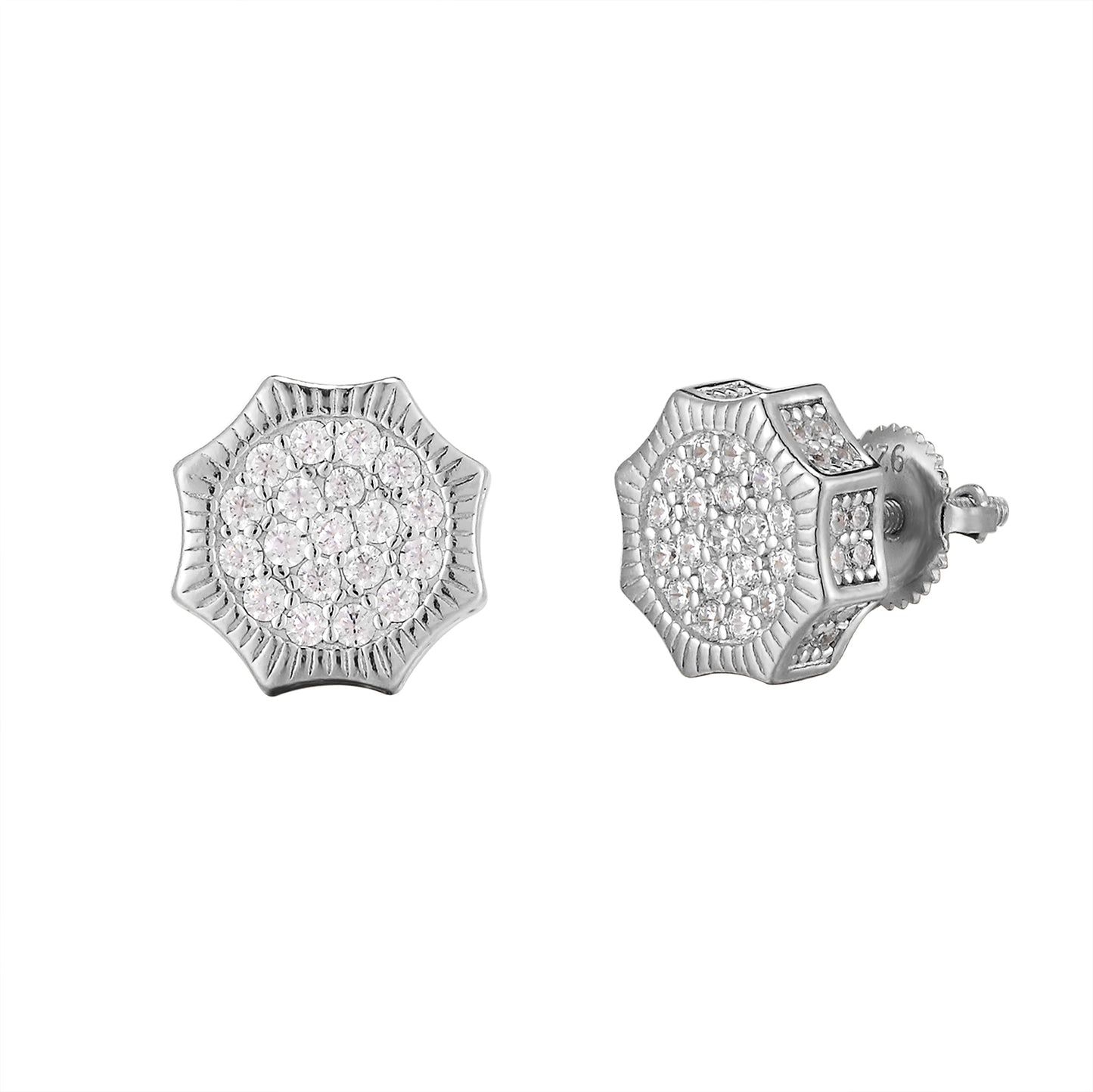 Round Solitaire Fluted Border Icy Sides Silver Octagon Earrings