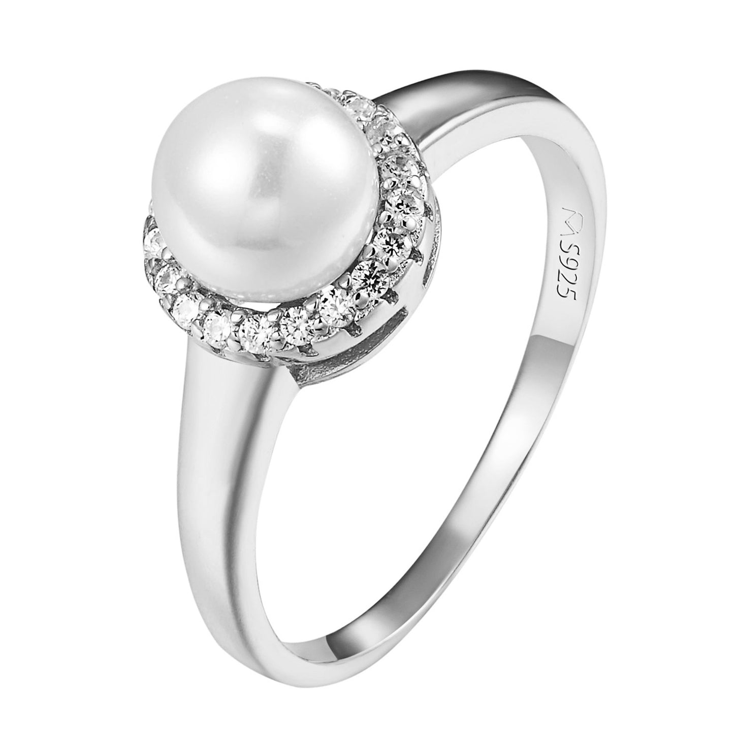Sterling Silver Ring With White Pearl Style Solitaire Halo Women Wedding Promise