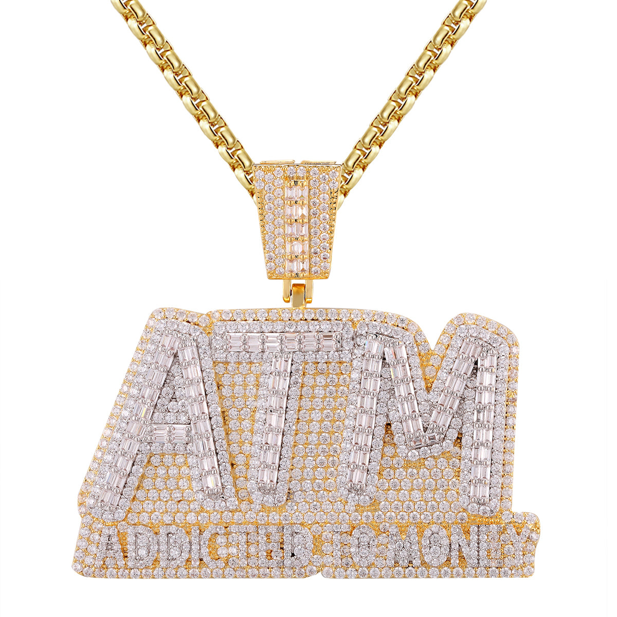 Gold Tone ATM Addicted to Money Baguette Icy Custom Pendant