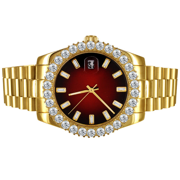 Stainless Steel 41mm Red Baguette Dial Icy Bezel Watch