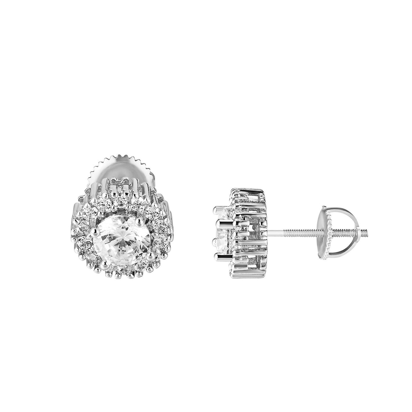 Solitaire Halo Earrings Simulated Diamond Round Cut Screw On Silver Tone Studs
