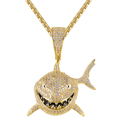 Icy 3D Small Great Shark Face Jaw Gold Tone Rapper Pendant