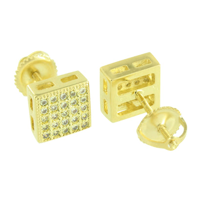 Earrings Square Face Screw Back Micro Pave Gold Finish