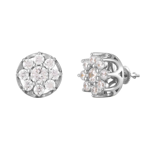 Icy Prong Flower Shaped Cluster Solitaire Silver Earrings