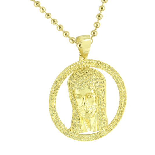 Jesus Pendant Stainless Steel Necklace 14K Gold Finish Yellow Lab Create Diamond