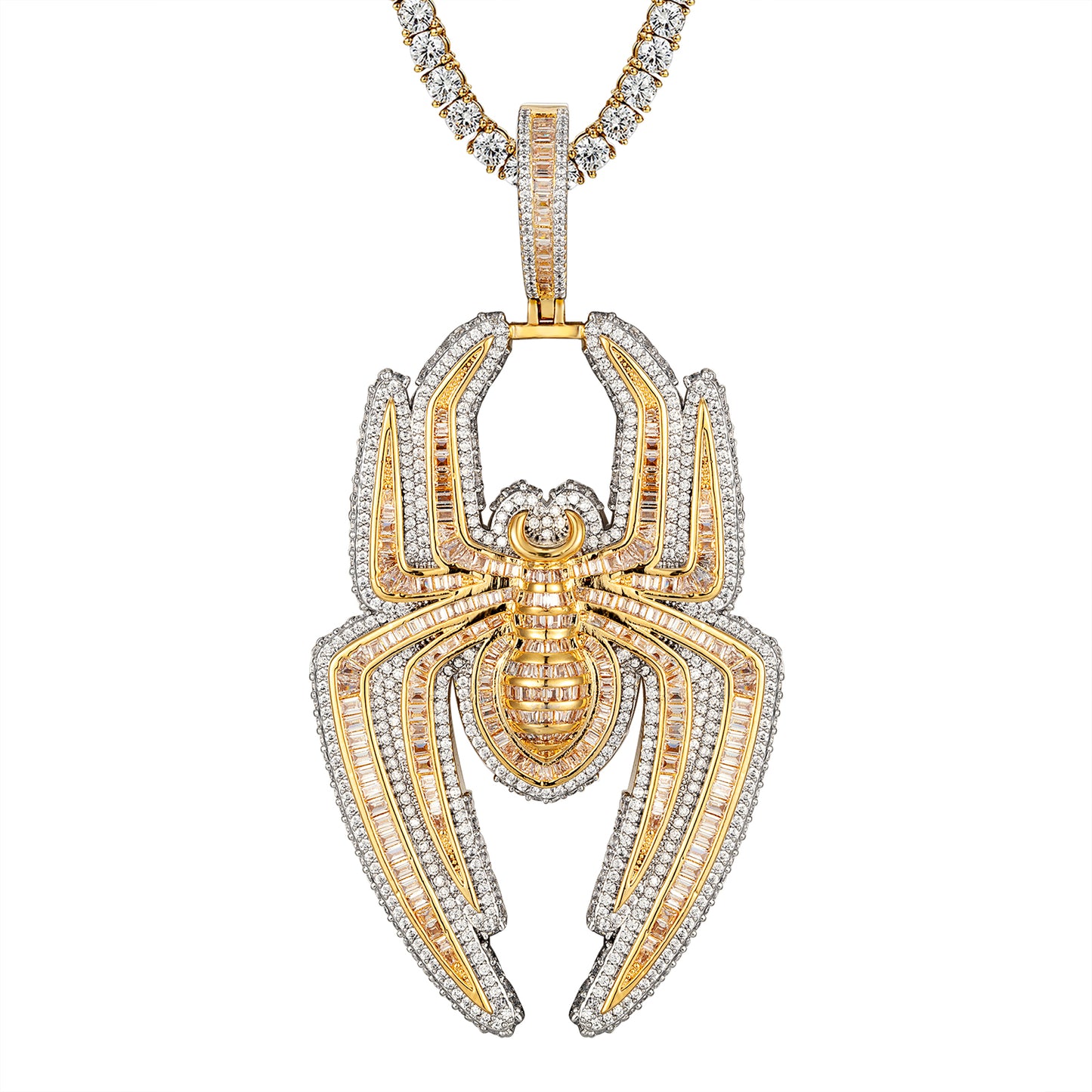 Gold Tone Baguette Spider Icy 3D Iced .925 Pendant