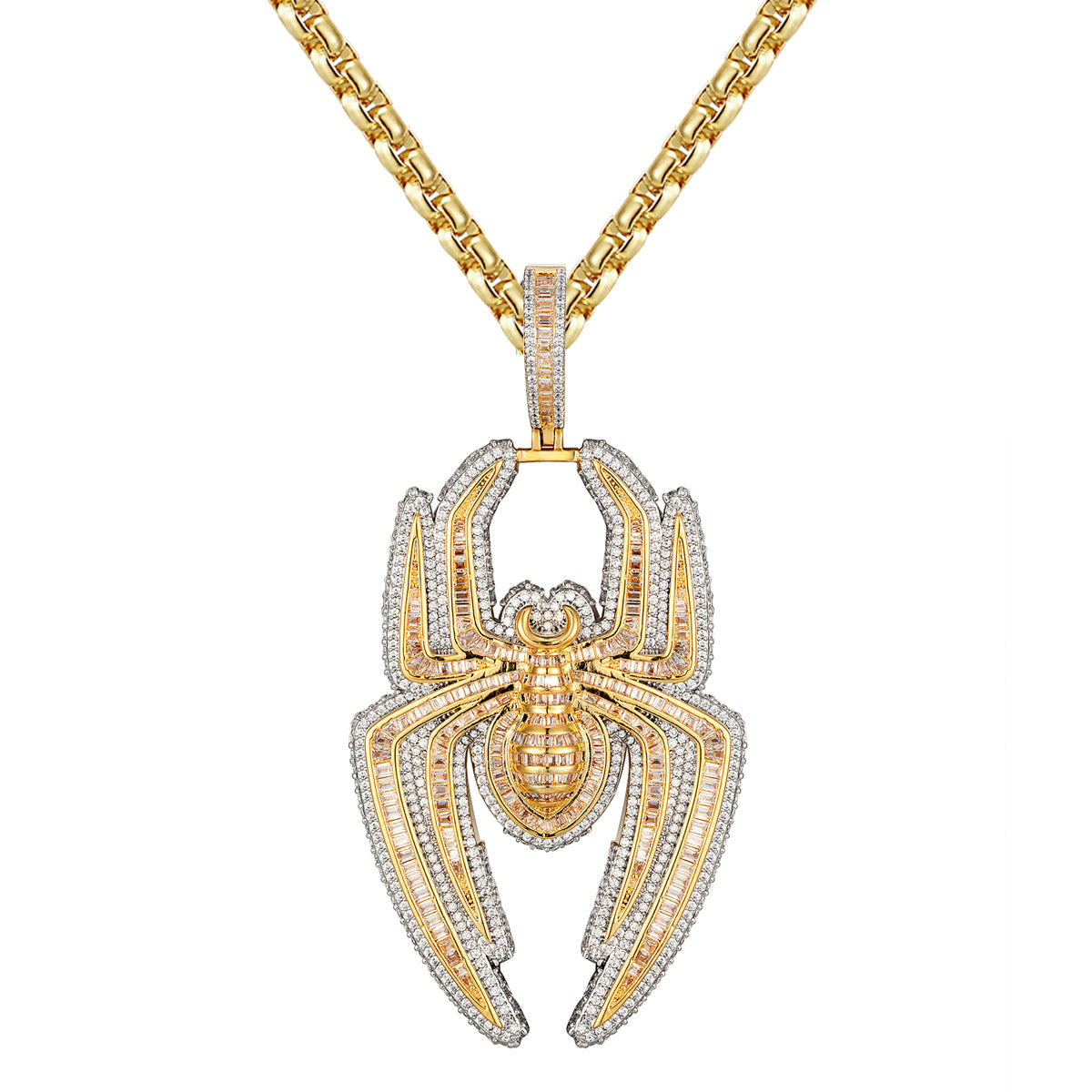 Gold Tone Baguette Spider Icy 3D Iced .925 Pendant