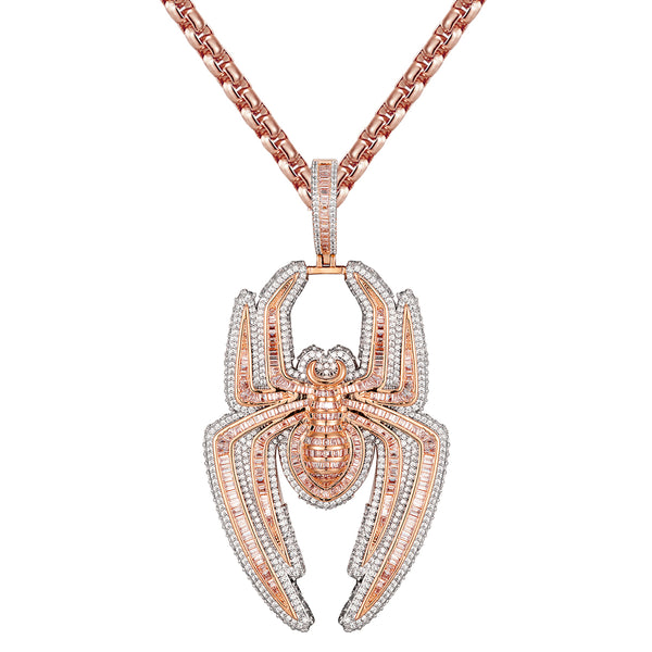 Rose Gold Tone 3D Baguette Iced Spider Sterling Silver Pendant