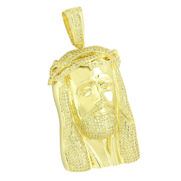 Jesus Face Pendant Gold Finish Yellow Simulated Diamonds