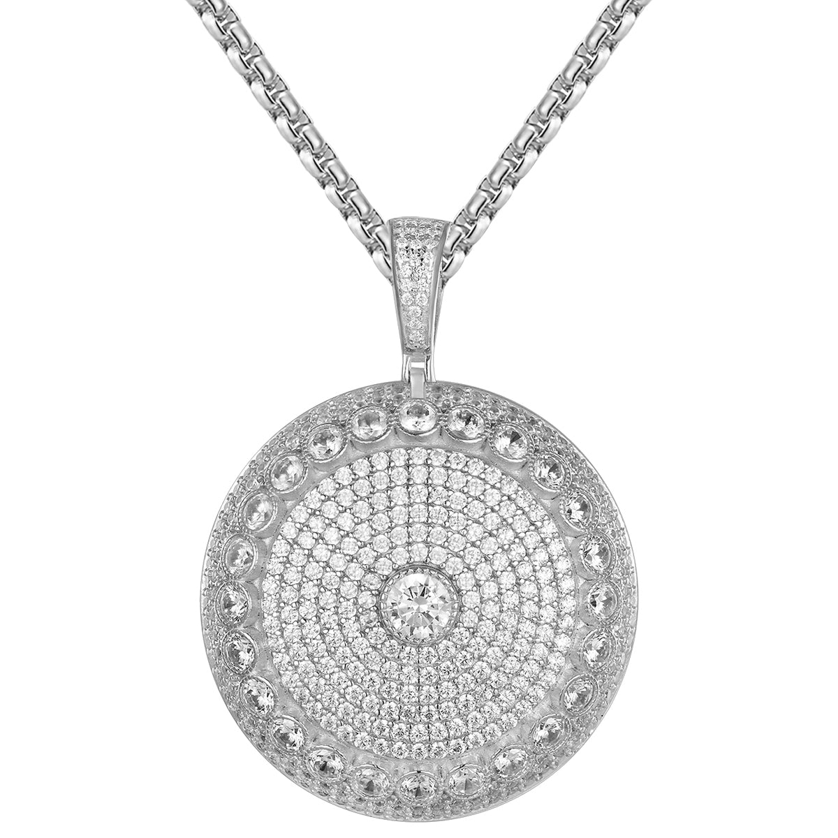 Silver Solitaire Bling Circle Medallion Pendant Chain
