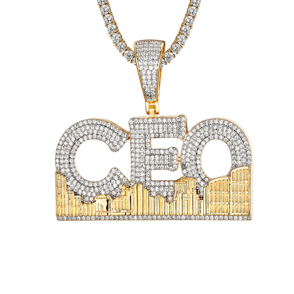 Gold Tone City CEO Icy Micro Pave .925 Silver Custom Pendant