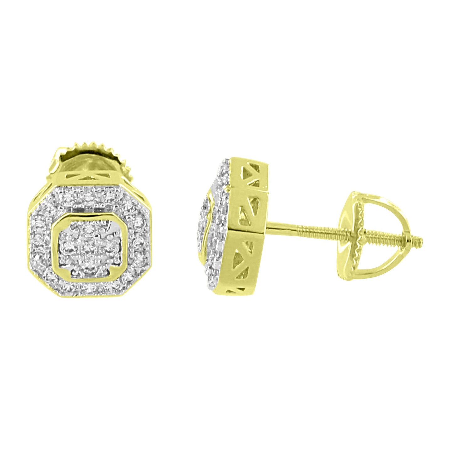 Octagon Designer Earrings  Simulated Diamonds 14K Gold Finish Screw Back 8mm Studs