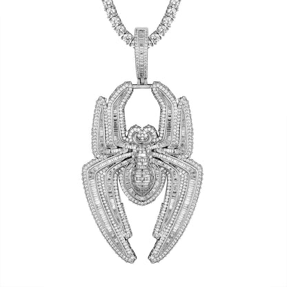 Sterling Silver Mens Spider Baguette Icy Solid Back Pendant