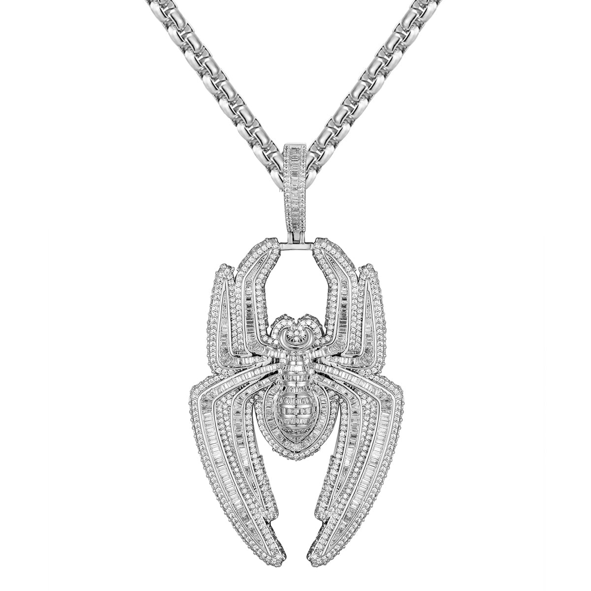 Sterling Silver Mens Spider Baguette Icy Solid Back Pendant