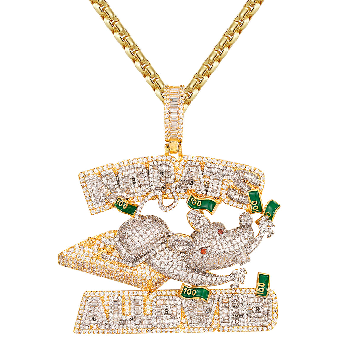 14K Gold Tone No Rats Allowed Green Money Icy Custom Pendant
