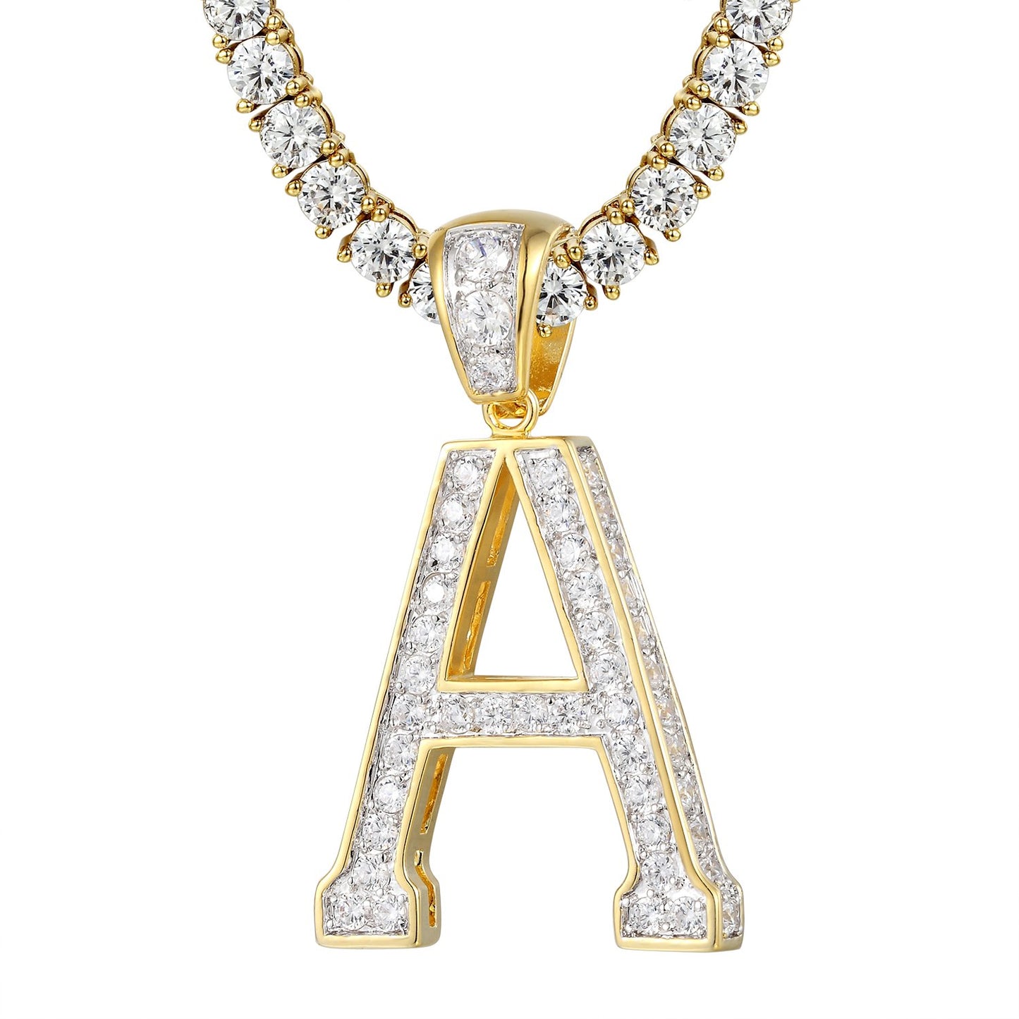 Custom Solitaire Initial Bling  Letter Charm with Tennis Chain