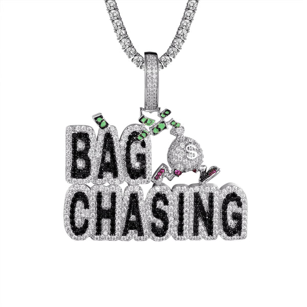 White Bag Chasing Money Dollar Bills Bling Rapper Chain