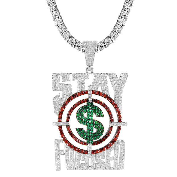 Sterling Silver Icy Stay Focused Dollar Rich Goal Hip Hop Pendant