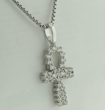 Prong Set Ankh Cross Pendant White Gold Finish Lab Diamonds Symbol Of Life 24 Inch Necklace Steel